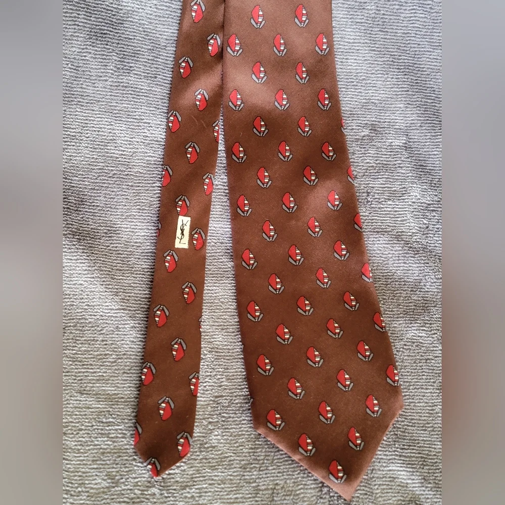 Vintage Yves Saint Laurent Brown Silk Scarf w/ Red and Gray Leaf Print LIKE NEW - Picture 4 of 6